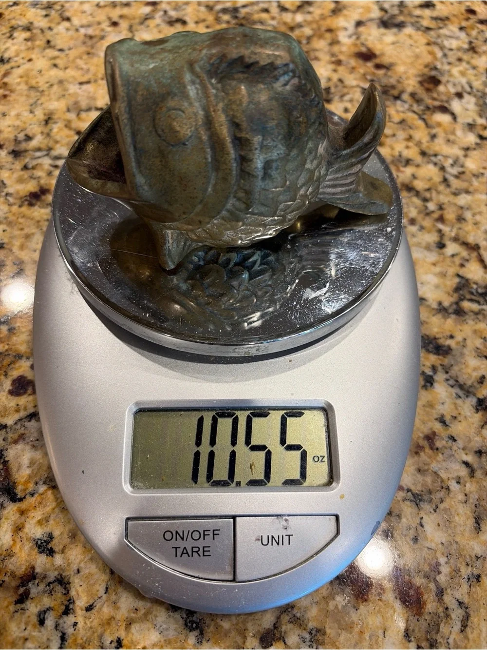 Vintage brass Fish Figural Ashtray Green Patina